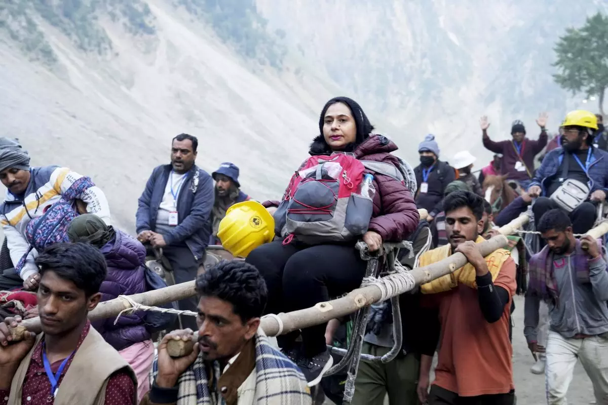 Pilgrims en route to Amarnath during the annual Amarnath Yatra, in Ganderbal district in June 29, 2024.