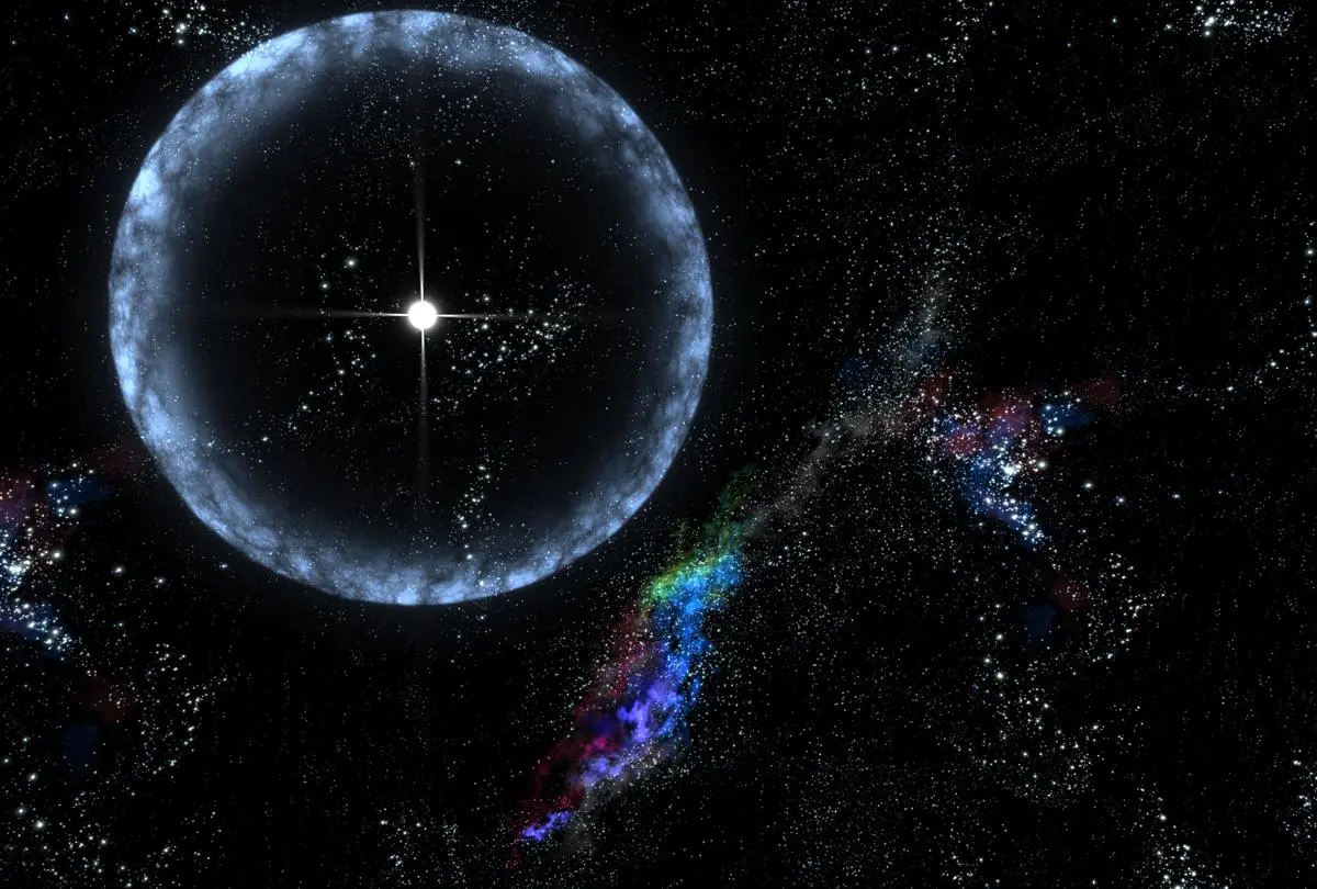 An artist’s conception of the December 27, 2004, gamma-ray flare expanding from the magnetar SGR 1806-20. The cloud ball passed through the solar system and the burst was so powerful that it had effects on the earth’s atmosphere, at a range of about 50,000 light years. An artist’s conception of the December 27, 2004, gamma-ray flare expanding from the magnetar SGR 1806-20. The cloud ball passed through the solar system and the burst was so powerful that it had effects on the earth’s atmosphere, at a range of about 50,000 light years.