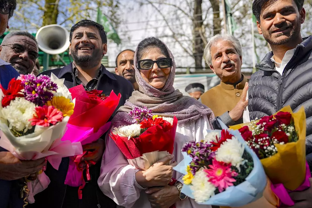 PDP President and party’s candidate for South Kashmir seat Mehbooba Mufi at a press conference in Srinagar on April 7, 2024. 