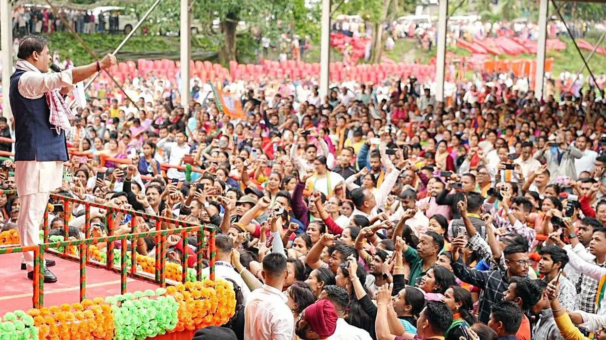 Assam Chief Minister Himanta Biswa Sarma, during a public meeting for the upcoming Assam assembly elections, on April 7, 2026.