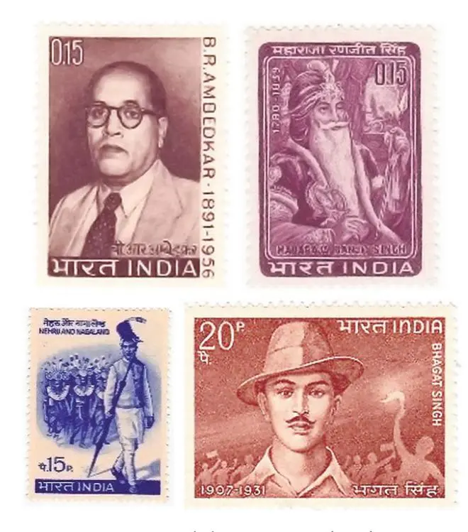 Under Indira Gandhi the larger commemorative series accommodated more personalities and communities. B.R. Ambedkar, Maharaja Ranjit Singh, tribes (as in the stamp titled Nehru and Nagaland), Bhagat Singh, V.D. Savarkar, and Syed Ahmad Khan (the last two stamps are not shown here) featured on commemorative stamps in the first decade of Indira Gandhi’s prime ministership. Under Indira Gandhi the larger commemorative series accommodated more personalities and communities. B.R. Ambedkar, Maharaja Ranjit Singh, tribes (as in the stamp titled Nehru and Nagaland), Bhagat Singh, V.D. Savarkar, and Syed Ahmad Khan (the last two stamps are not shown here) featured on commemorative stamps in the first decade of Indira Gandhi’s prime ministership.