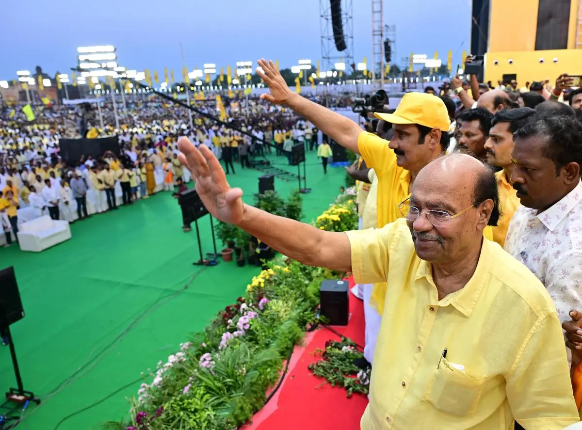 PMK founder S. Ramadoss (in the foreground) and president Anbumani Ramadoss (wearing a hat) waving to party cadres at the Vanniyar Youth Conference in Mamallapuram on May 11. PMK founder S. Ramadoss (in the foreground) and president Anbumani Ramadoss (wearing a hat) waving to party cadres at the Vanniyar Youth Conference in Mamallapuram on May 11.