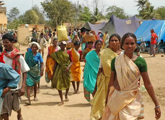 People who migrated from their villages in Baster in fear of Maoists arriving at a relief camp at Konta in Dantewada district of Chhattisgarh, in March 2006. People who migrated from their villages in Baster in fear of Maoists arriving at a relief camp at Konta in Dantewada district of Chhattisgarh, in March 2006.