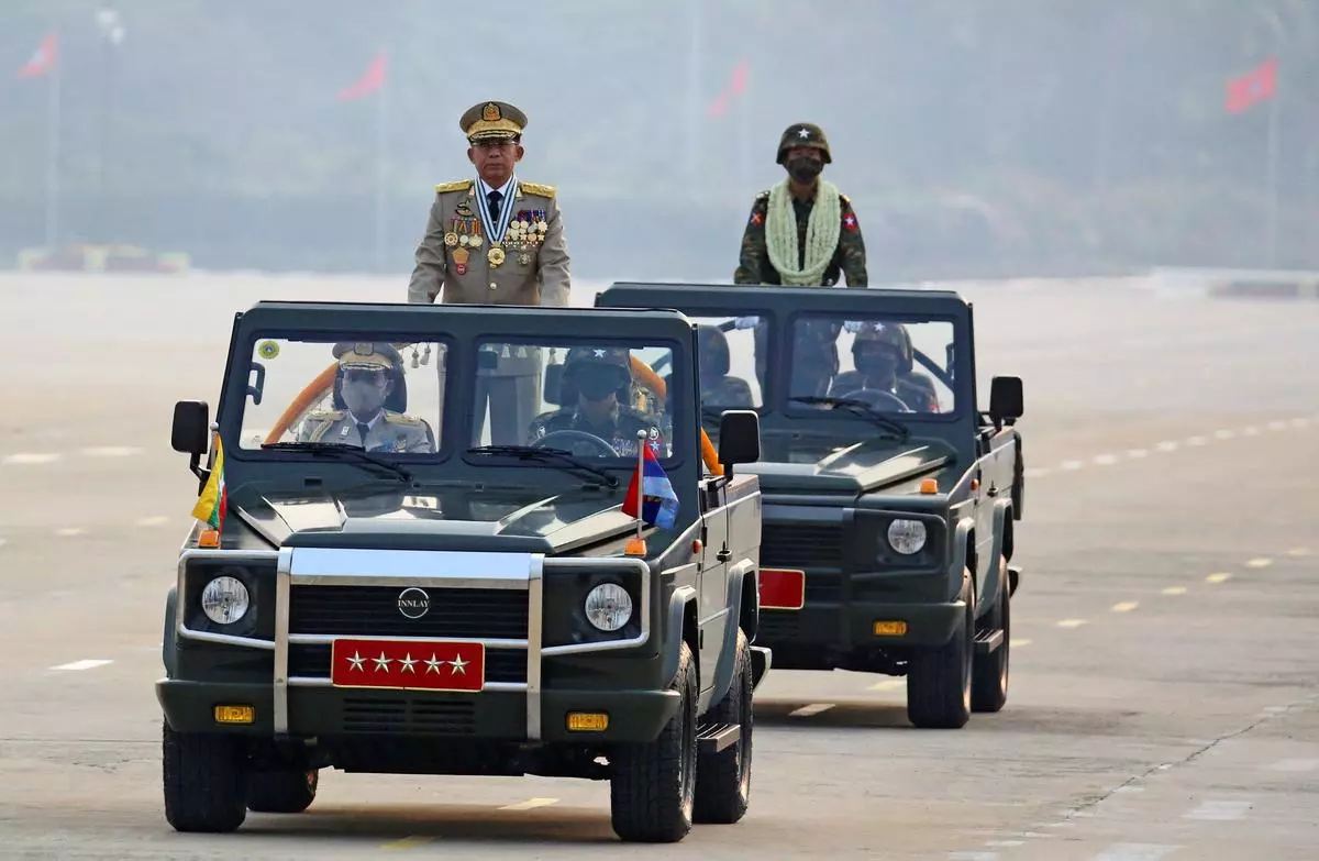 Myanmar’s junta chief, Senior General Min Aung Hlaing, who ousted the elected government in a coup on February 1, 2021, presides over an army parade on Armed Forces Day in Naypyitaw, Myanmar, on March 27, 2021.