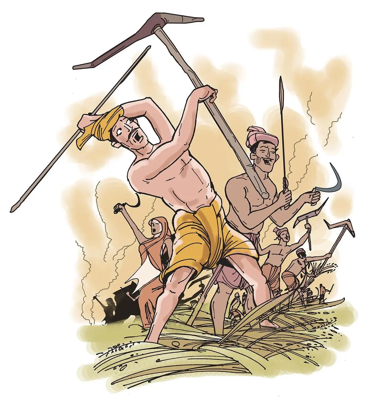 An artist's impression of the Tebhaga Movement, where tenant farmers and sharecroppers rose in protest against landlords.