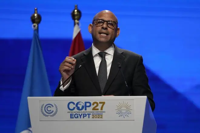 Simon Stiell, UN climate chief, speaking at a closing plenary session at COP27 on November 20 in Sharm el-Sheikh, Egypt. He acknowledged that nations did not do anything additional to address climate change. The progress made last year at the meeting in Glasgow was maintained, he said. “There was no backtracking.” Simon Stiell, UN climate chief, speaking at a closing plenary session at COP27 on November 20 in Sharm el-Sheikh, Egypt. He acknowledged that nations did not do anything additional to address climate change. The progress made last year at the meeting in Glasgow was maintained, he said. “There was no backtracking.”