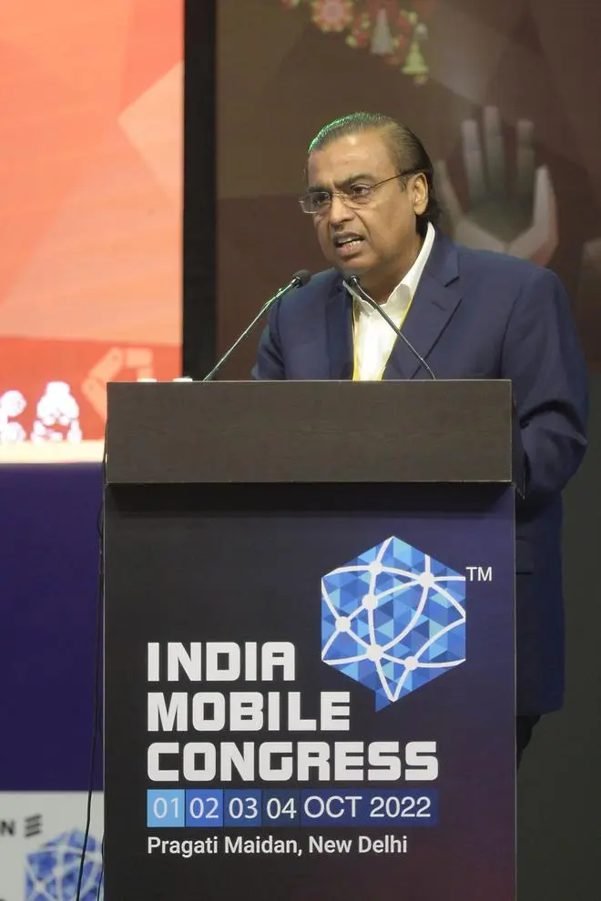 Mukesh Ambani, chairman of Reliance Industries Ltd., speaks at India Mobile Congress 2022 in New Delhi on October 1, 2022. Mukesh Ambani, chairman of Reliance Industries Ltd., speaks at India Mobile Congress 2022 in New Delhi on October 1, 2022.