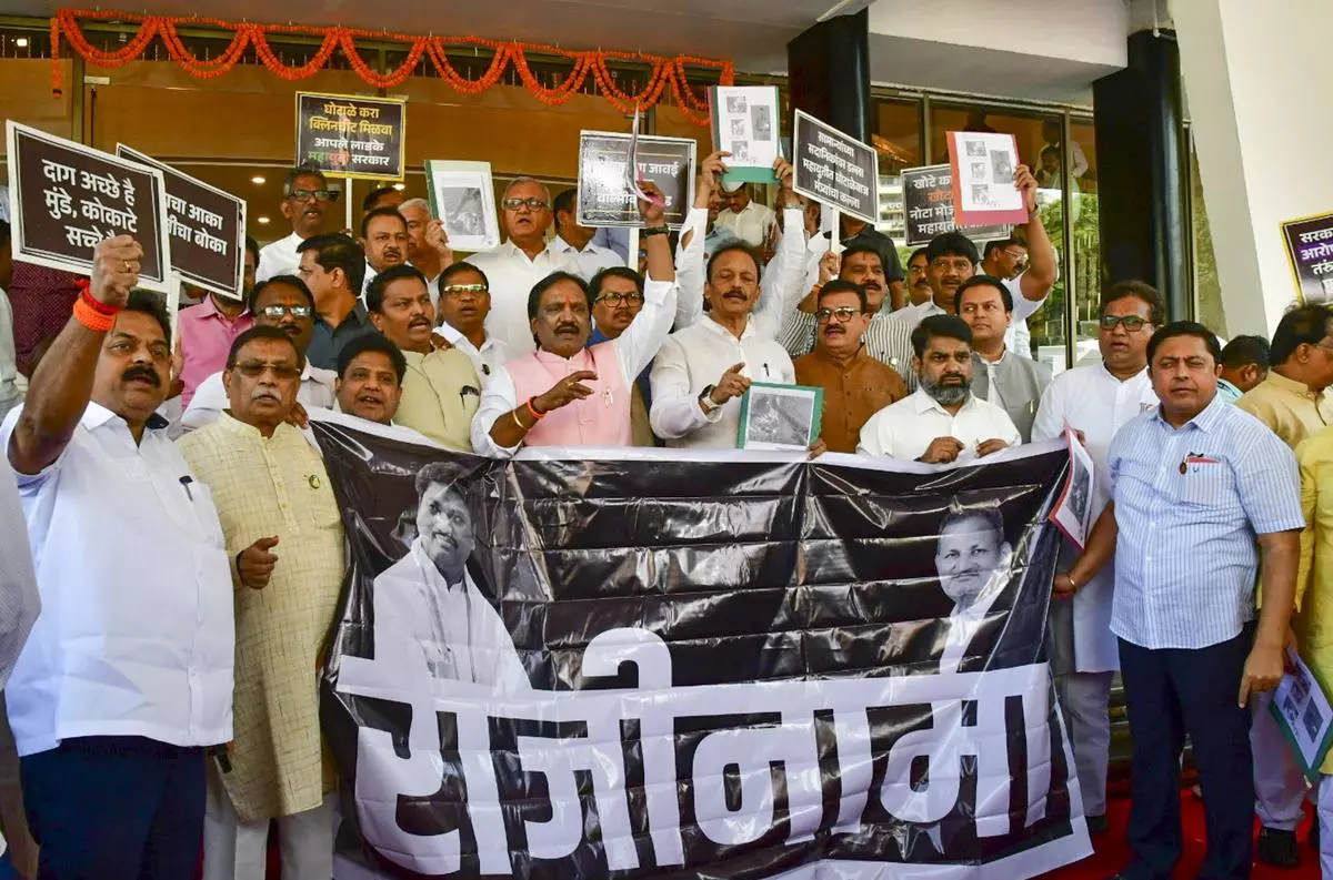 Maha Vikas Aghadi leaders at a protest demanding Maharashtra Cabinet Minister Dhananjay Munde’s resignation over the killing of Beed sarpanch Santosh Deshmukh, in Mumbai on March 4, 2025. Although the opposition bloc lost the Assembly election badly, this episode has revitalised it.