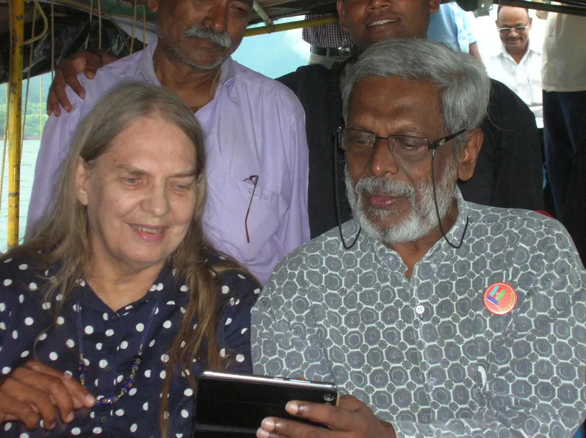 Gail Omvedt and Bharat Patankar along with activists from the Shramik Mukti Dal in 2018 