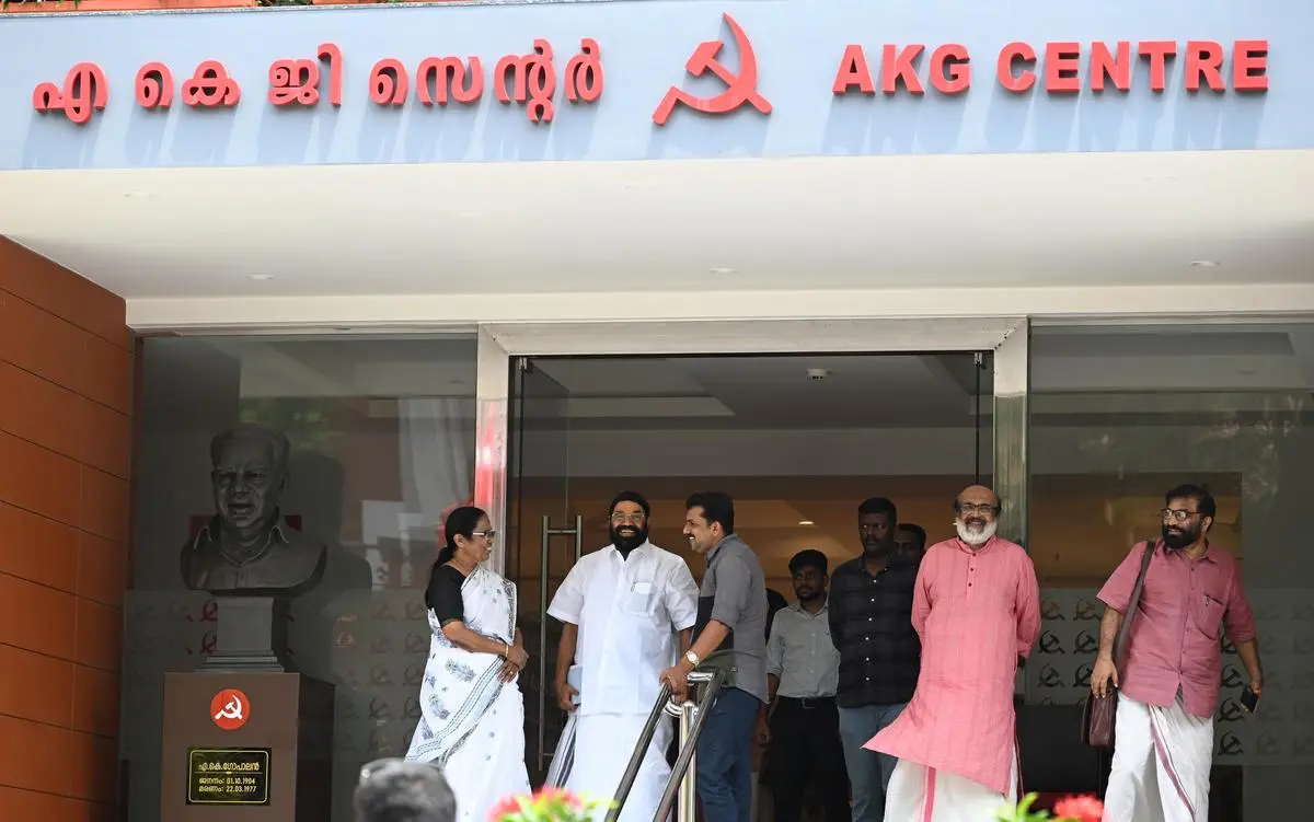 Senior CPI(M) leaders K.K. Shailaja, Thomas Isaac, and V.N. Vasavan and others outside AKG centre after a party secretariat meeting, in Thiruvananthapuram on May 12.