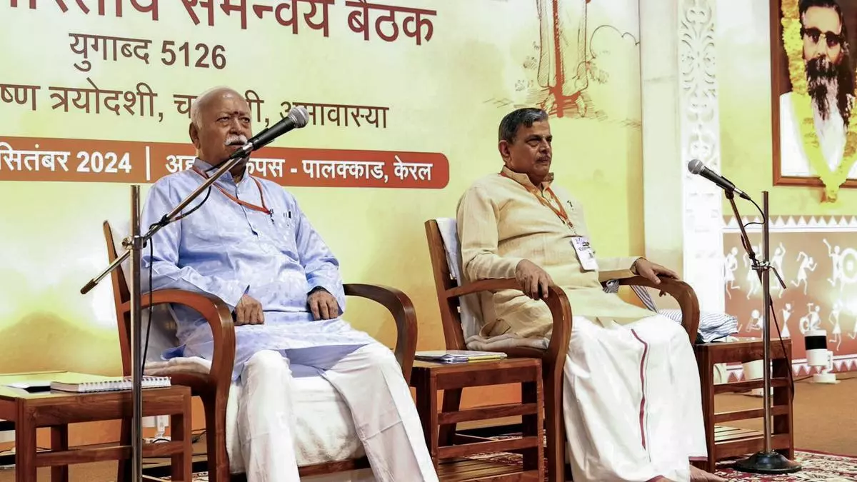 RSS chief Mohan Bhagwat (left) and general secretary Dattatreya Hosabale at the national coordination conclave of RSS at Palakkad on August 31, 2024. The BJP’s traditional campaign strategies failed to work as their candidate trailed behind both the winning Congress candidate Rahul Mamkootathil and the Left Front’s P. Sarin.