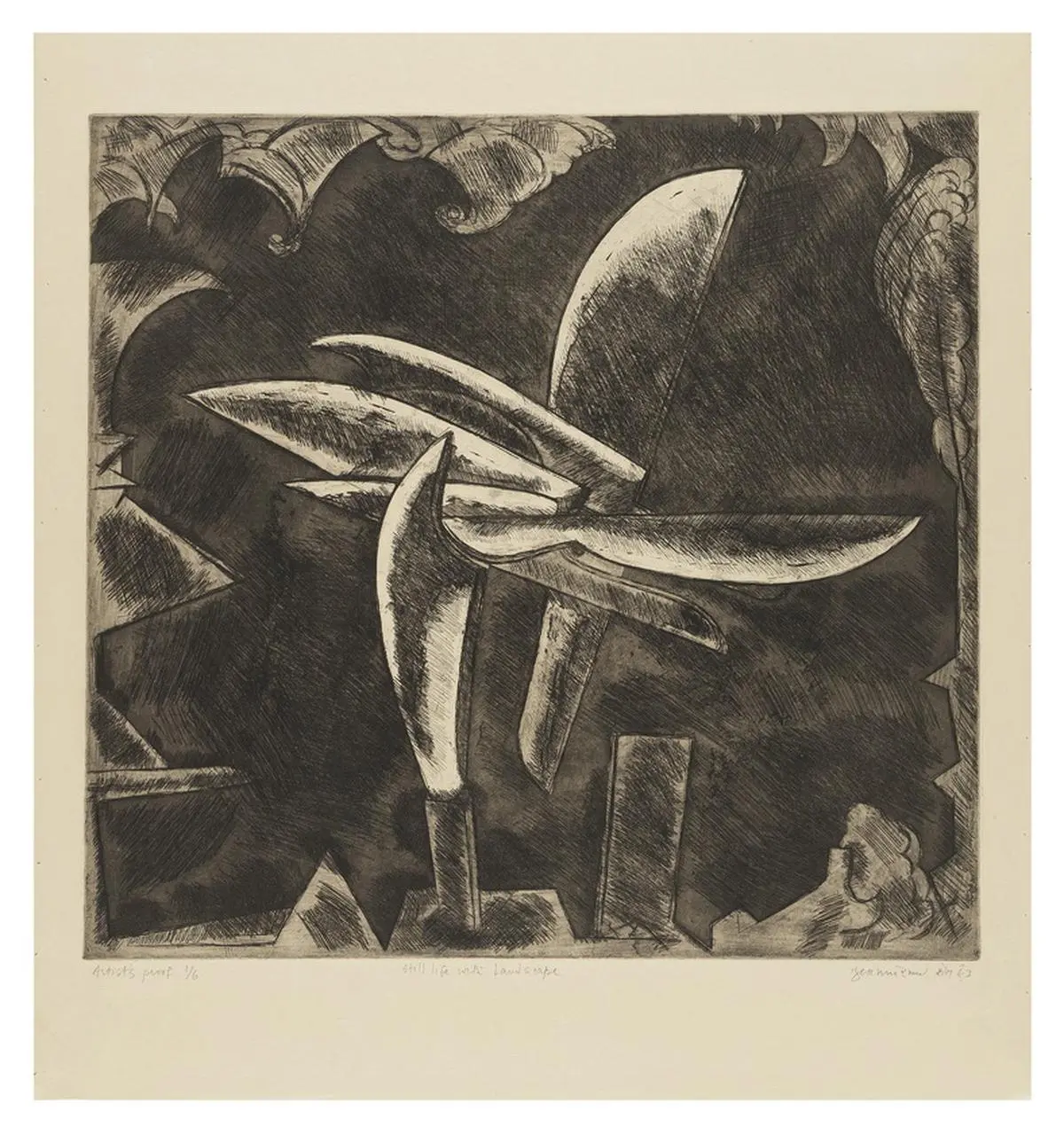 Still Life with Landscape (Days of the Dagger), etching-aquatint, final version, brown tint, circa 1993.