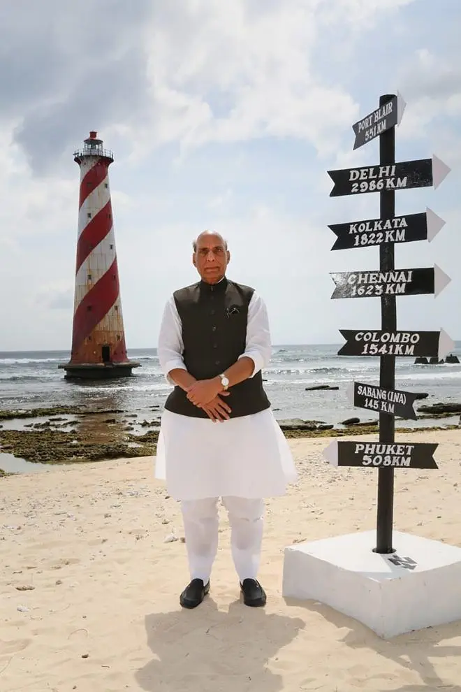 Defence Minister Rajnath Singh at Indira Point on January 6. The coastline has seen a subsidence of nearly four metres, as the lighthouse surrounded by water shows. Defence Minister Rajnath Singh at Indira Point on January 6. The coastline has seen a subsidence of nearly four metres, as the lighthouse surrounded by water shows.