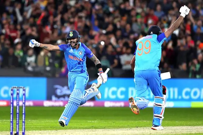 Virat Kohli (left) and Ravichandran Ashwin celebrate India’s win in the final over during the ICC men’s Twenty20 World Cup 2022 cricket match between India and Pakistan at the Melbourne Cricket Ground on October 23. Virat Kohli (left) and Ravichandran Ashwin celebrate India’s win in the final over during the ICC men’s Twenty20 World Cup 2022 cricket match between India and Pakistan at the Melbourne Cricket Ground on October 23.