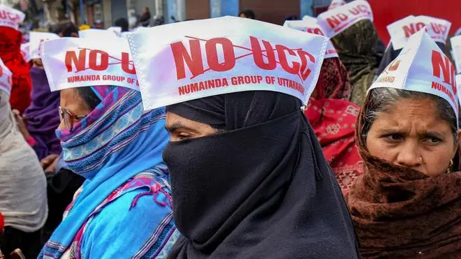 Members of Uttarakhand Numainda Group protest against the Uniform Civil Code (UCC) bill during a special session of Uttarakhand Legislative Assembly, in Dehradun, on February 5, 2024.