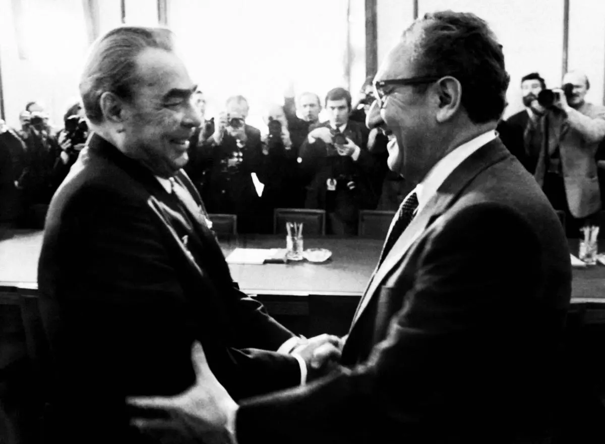 General Secretary of the Communist Party of the Soviet Union Leonid Brezhnev (left) meets US Secretary of State Henry Kissinger in Moscow on March 25, 1974.