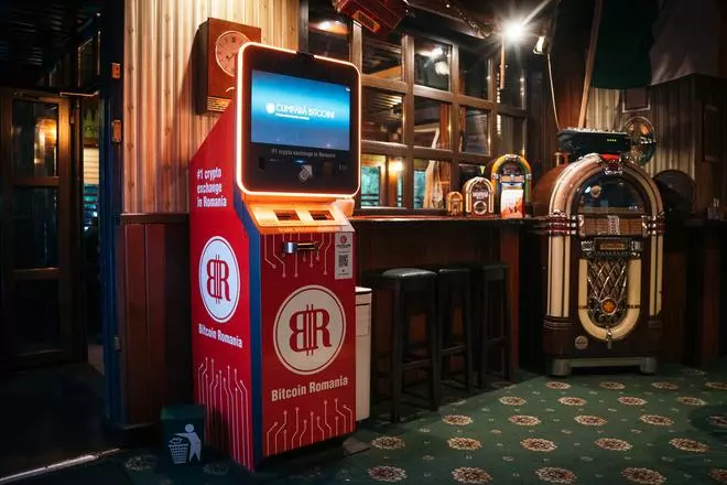 A cryptocurrency ATM, operated by trading platform Biotcoin Romania, inside a bar in Bucharest in May. A recent survey by the European Central Bank found that as many as one in 10 EU households “may own cryptoassets”.  