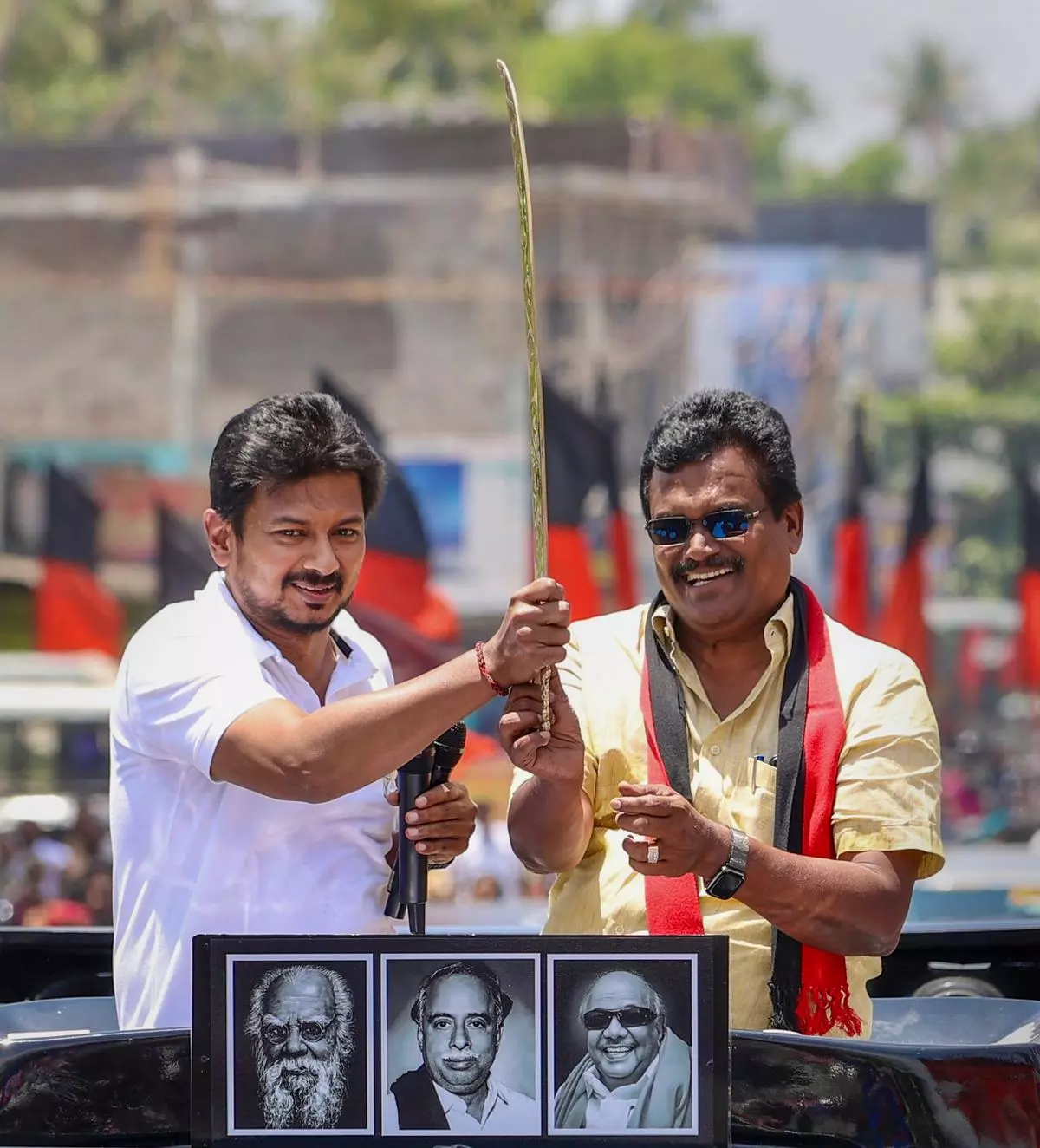 Tamil Nadu Minister and DMK leader Udhayanidhi Stalin during an election campaign rally on March 24 in support of party candidate Thanga Tamil Selvan ahead of the upcoming Lok Sabha election.