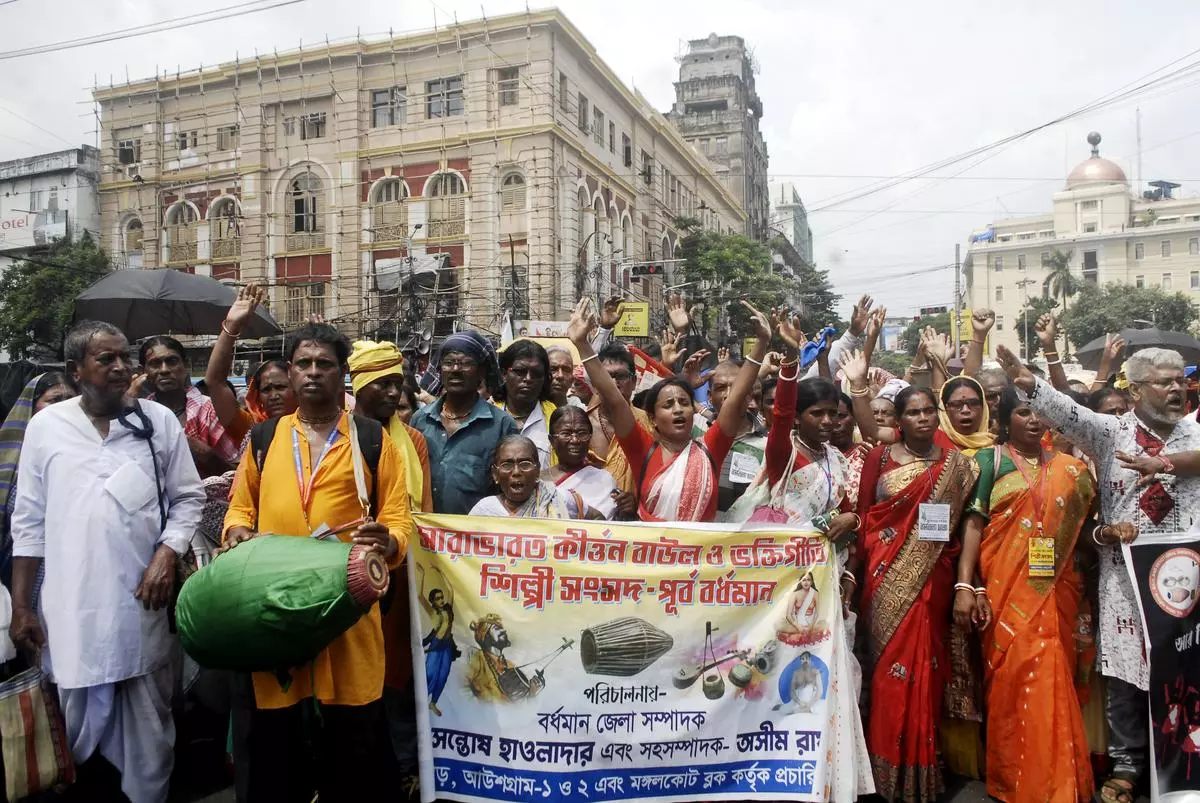 Devotional singers and others take out the rally against the sexual assault and murder of a postgraduate trainee doctor of the RG Kar Hospital, in Kolkata on September 7. 