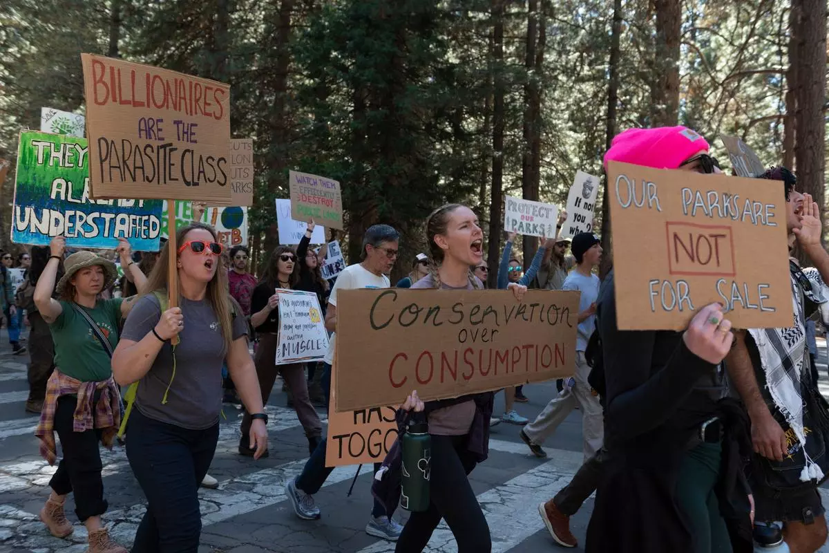 At a protest against employee lay-offs at Yosemite National Park, California, on March 1. The National Parks Conservation Association has estimated that some 1,000 US National Park Service employees on probation have been fired. The cuts were part of the Department of Government Efficiency’s effort to reduce public spending by dismantling the bureaucracy.