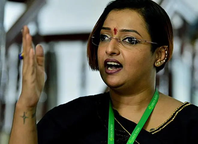 Swapna Suresh, an accused in the diplomatic channel gold smuggling case, during a press meet in Palakkad on June 9. Swapna Suresh, an accused in the diplomatic channel gold smuggling case, during a press meet in Palakkad on June 9.
