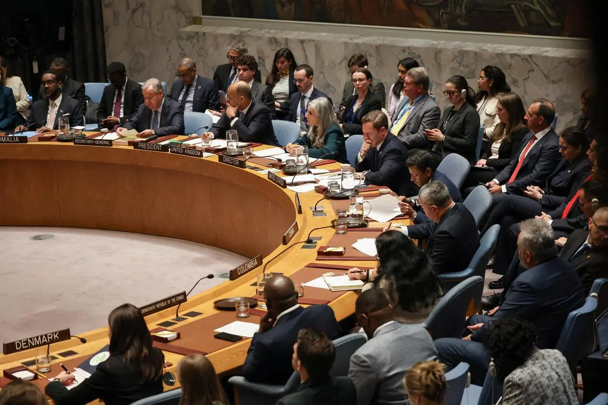 United Nations Secretary-General Antonio Guterres speaks during a United Nations Security Council meeting, after the US and Israel launched strikes on Iran, at the UN headquarters in New York City on February 28, 2026.