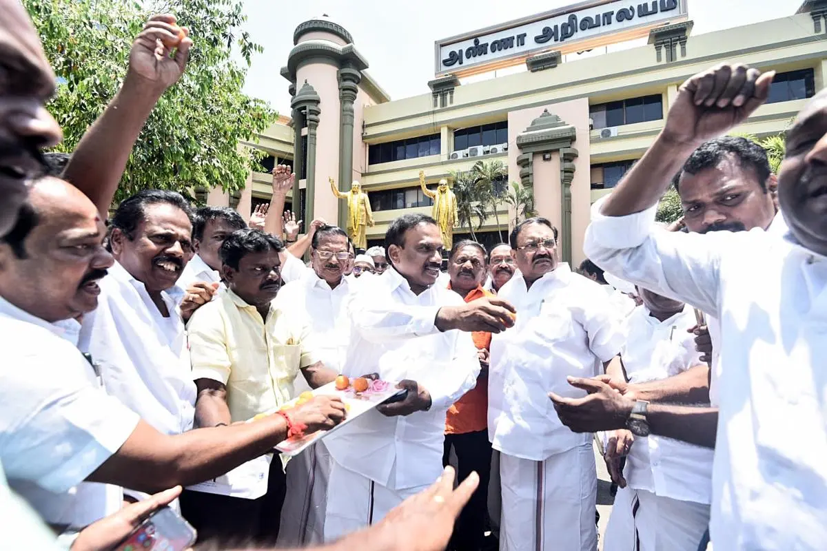 DMK leaders and supporters celebrating the apex court’s judgment, in Chennai on April 8. DMK leaders and supporters celebrating the apex court’s judgment, in Chennai on April 8.