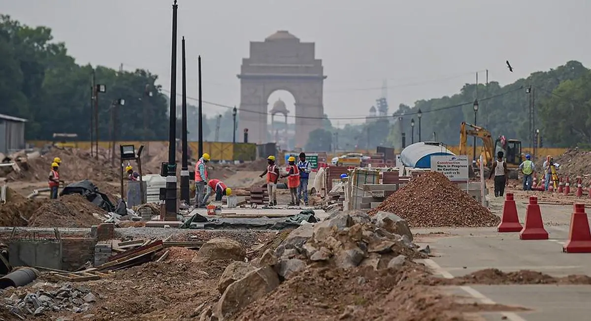 Construction work underway as part of the Central Vista Redevelopment Project at Rajpath in New Delhi on May 6, 2021.