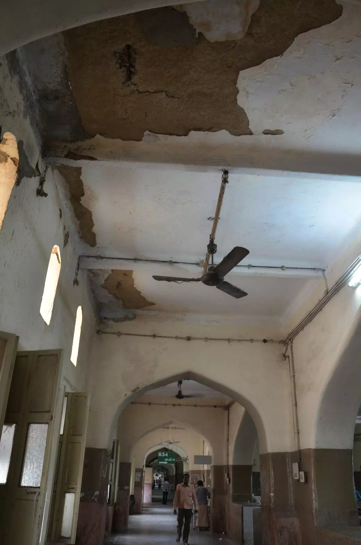 A view of Osmania General Hospital showing broken patches in the ceiling.