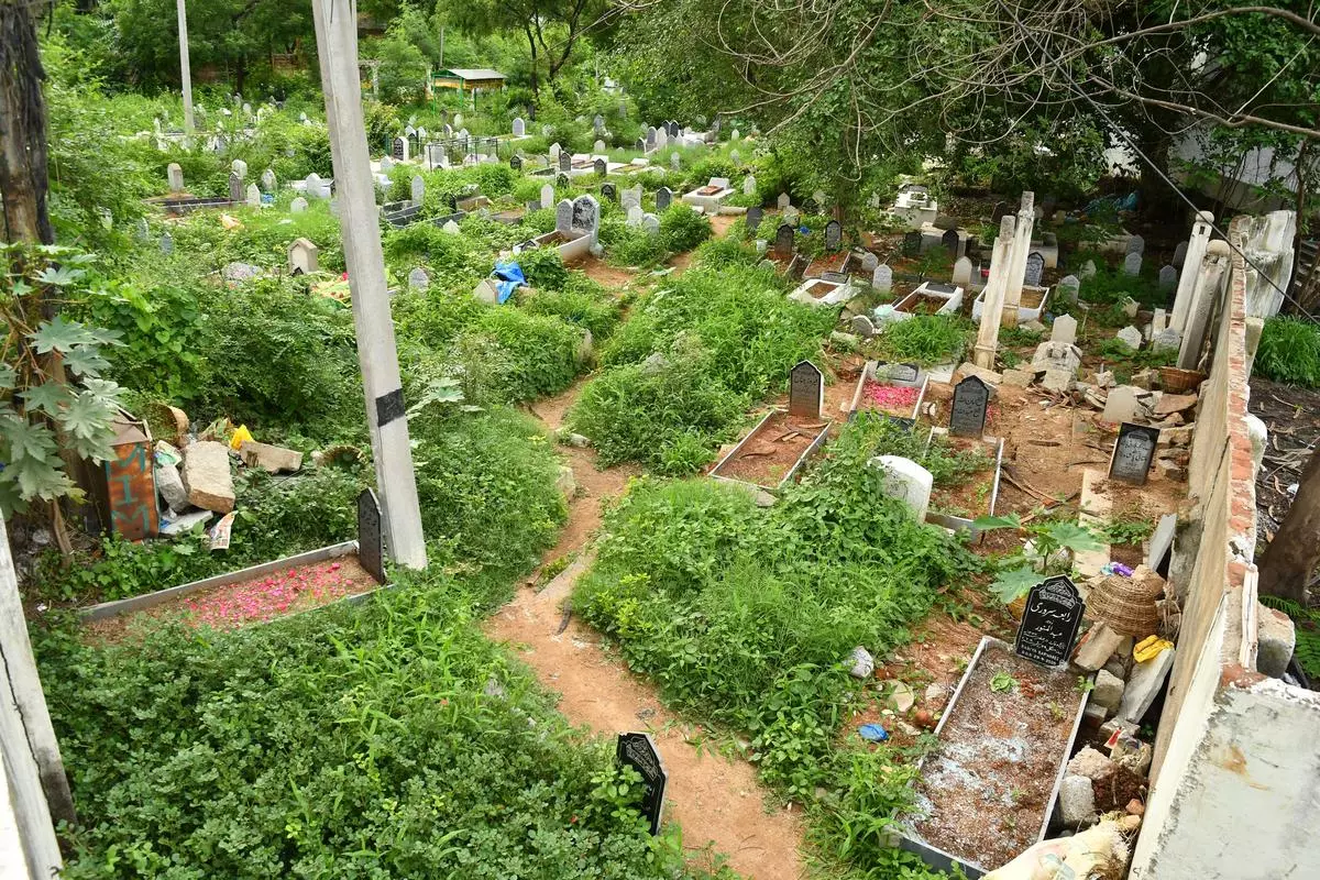 Most Muslim graveyards come under the category of waqf by user, which the new Bill proposes to abolish. Here, a view of a Muslim graveyard in Panjagutta in Hyderabad, on July 9, 2021.