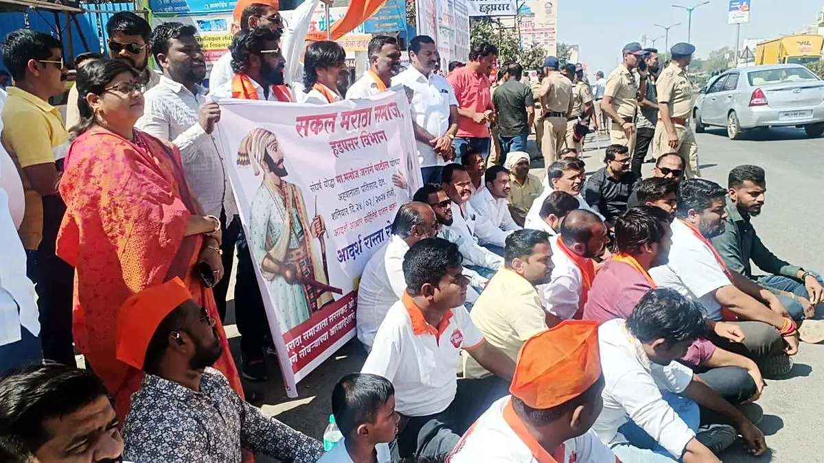 Maratha Reservation activist Manoj Jarange Patil’s supporters stage a protest over the demand for a Kunbi certificate for all Marathas and other various demands, in Pune on February 24, 2024. Maratha Reservation activist Manoj Jarange Patil’s supporters stage a protest over the demand for a Kunbi certificate for all Marathas and other various demands, in Pune on February 24, 2024.