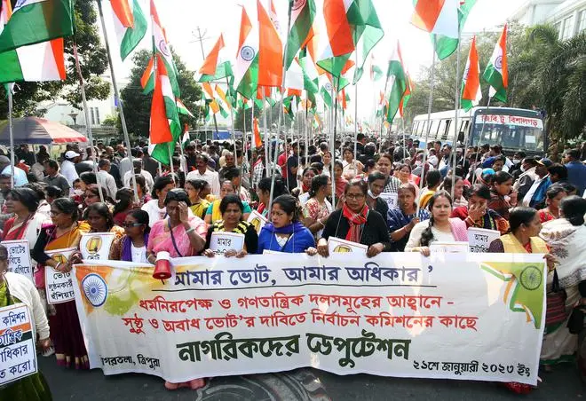 A rally taken out by secular and democratic parties seeking peaceful and violence-free polling, in Agartala on January 21. A rally taken out by secular and democratic parties seeking peaceful and violence-free polling, in Agartala on January 21.