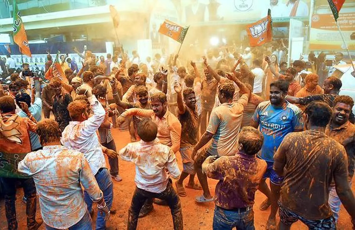 BJP supporters celebrate the party's majority in the polls on the counting day of the West Bengal Assembly election. Kolkata, May 4.