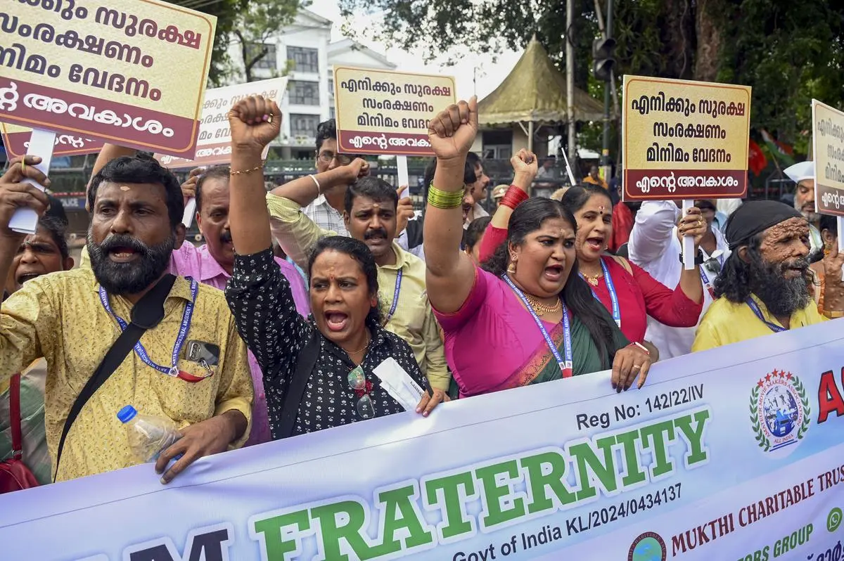 Members of the Malayalam film industry march to the Secretariat demanding fair wages, safety and security at the workplace in Thiruvananthapuram, on September 4. 