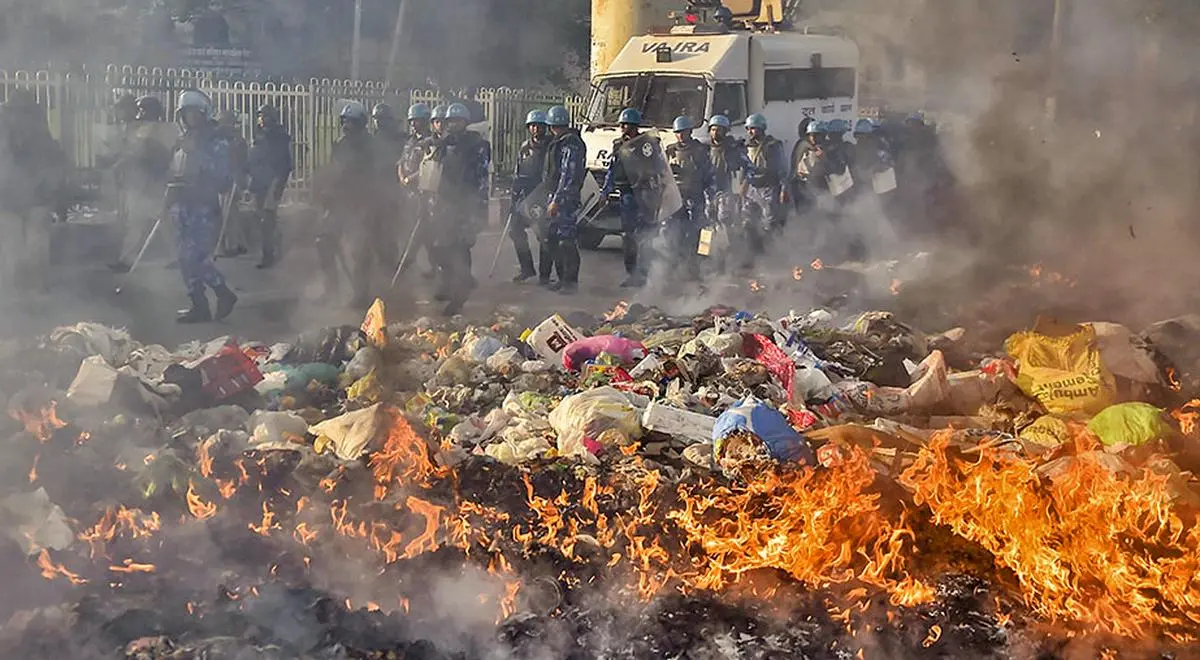 Security personnel conduct flag march during clashes in North East Delhi on February 25, 2020.