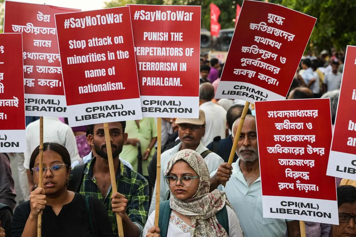 The CPI (Marxist-Leninist) Liberation said efforts must be made to prevent a war between the two nuclear-powered neighbours. In the picture, leftist activists holding placards demanding peace and justice for victims of the Pahalgam attack at a rally in Kolkata on May 13.