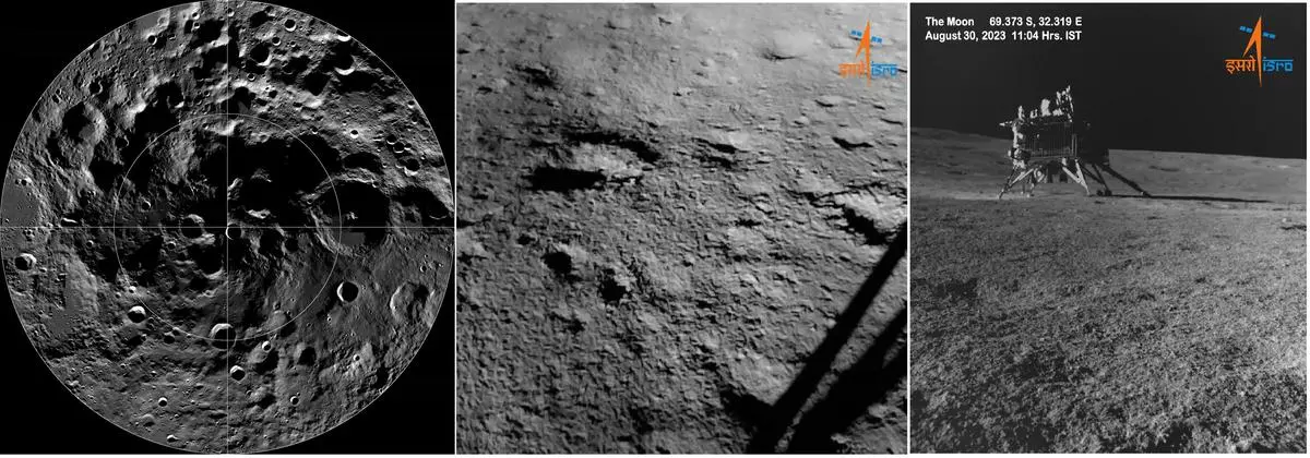 (Left) A mosaic  of the South Polar region, width ~600 km, from the Lunar Reconnaissance Orbiter’s Wide Angle Camera. (Centre) A view of Vikram’s landing site—roughly 600 km from the lunar South Pole—after it landed. (Right) An image of Vikram taken by a navigation camera on board the rover Pragyan. 