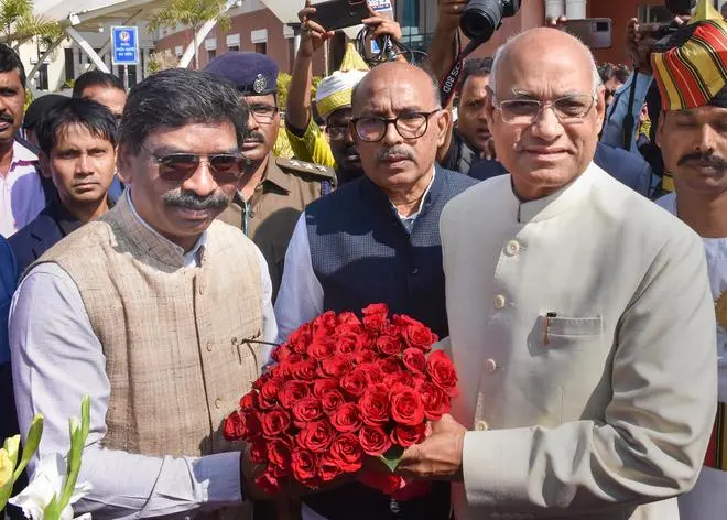 Jharkhand Governor Ramesh Bais being welcomed by Chief Minister Hemant Soren during the 22nd Foundation Day celebrations of the State Assembly, in Ranchi, on November 22. Jharkhand Governor Ramesh Bais being welcomed by Chief Minister Hemant Soren during the 22nd Foundation Day celebrations of the State Assembly, in Ranchi, on November 22.