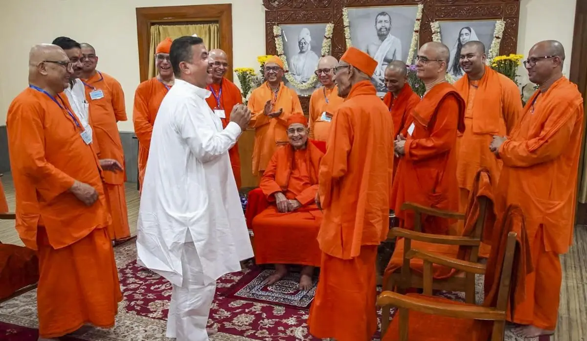 Chief Minister Suvendu Adhikari greets monks during a visit to Belur Math, in Howrah district on May 21.
