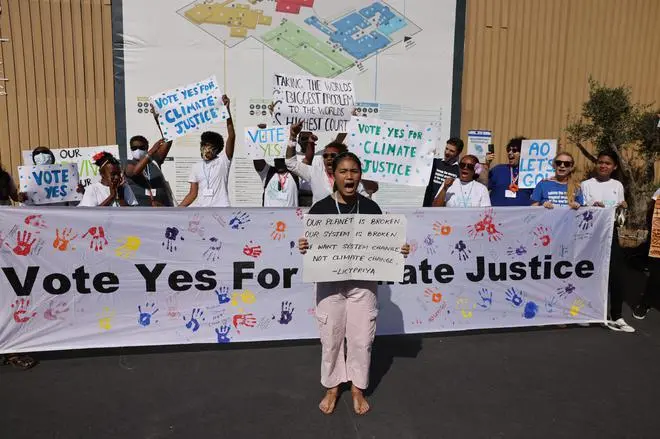 Members of an organisation called “Pacific Island Students Fighting Climate Change“ stage a protest during COP27, at the Sharm el-Sheikh International Convention on November 10. Members of an organisation called “Pacific Island Students Fighting Climate Change“ stage a protest during COP27, at the Sharm el-Sheikh International Convention on November 10.