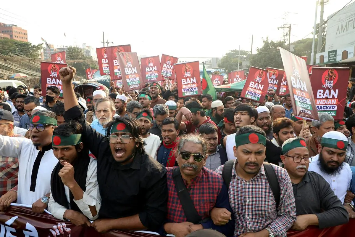 Members of 'July Oikya', a platform of  organisations that took part in the July 2024 uprising, marching to the Indian High Commission in Dhaka in December 2025, demanding the extradition of deposed Prime Minister Sheikh Hasina.