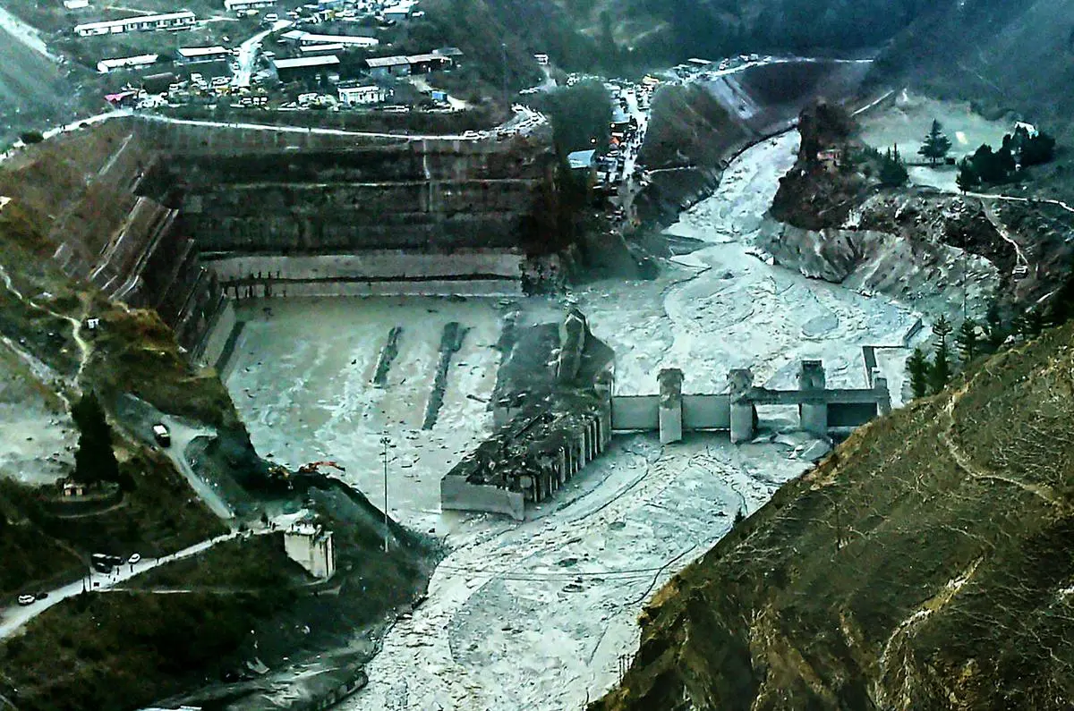 An aerial view of the Tapovan hydropower project plant washed away by the flash floods in Chamoli, Uttarakhand, on February 12, 2021.