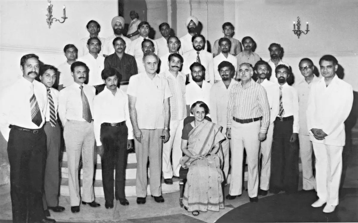 Prime Minister Indira Gandhi with the members of the second successful Indian expedition to Antarctica, in New Delhi in May 1983.