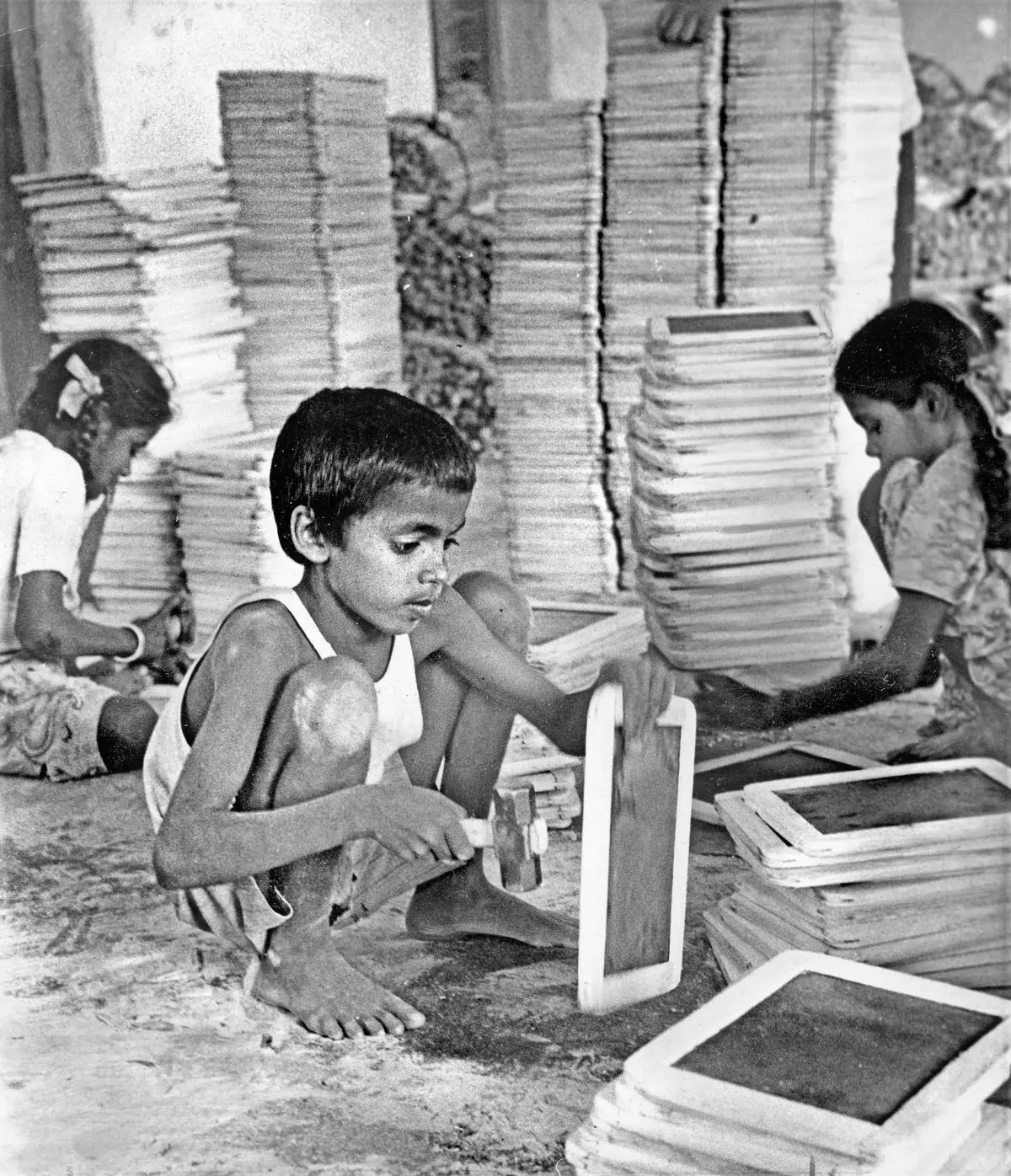 April 1983: Children at work in a slate-making unit at Markapur in Andhra Pradesh.