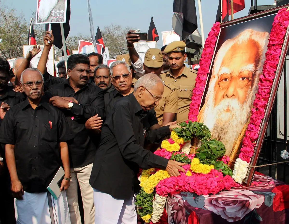 K. Veeramani paying tribute to Periyar, known as the father of the Dravidian movement, in Chennai in 2016.