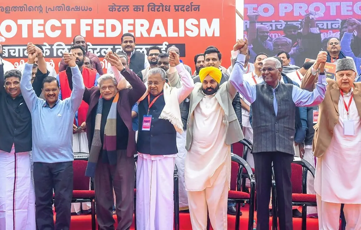 Delhi Chief Minister Arvind Kejriwal, Kerala Chief Minister Pinarayi Vijayan, Punjab Chief Minister Bhagwant Mann, Jammu and Kashmir National Conference President Farooq Abdullah, CPI  General Secretary D Raja, CPI(M) General Secretary Sitaram Yechury and others during protest against the Modi government over distribution of central funds to states, at Jantar Mantar, in New Delhi on February 08, 2024.