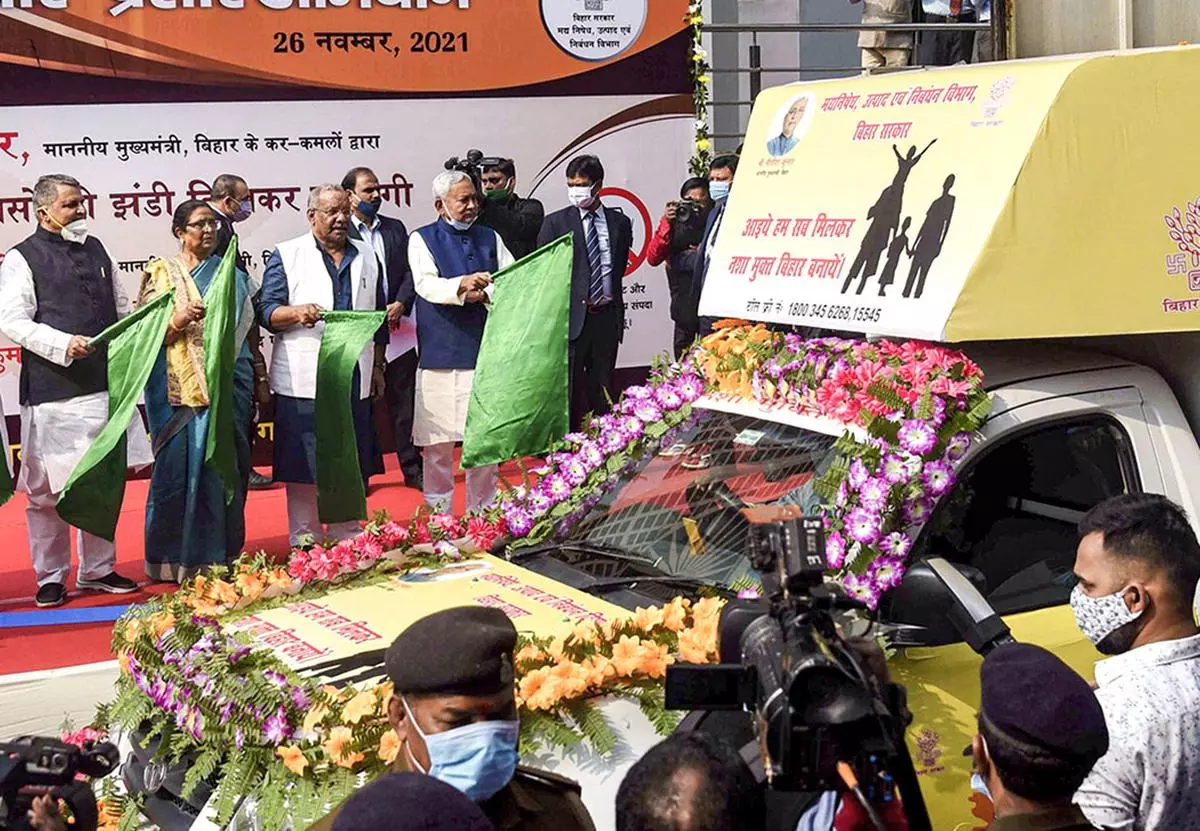 Bihar Chief Minister Nitish Kumar flagging off an alcohol prohibition campaign on the occasion of De-addiction Day, in Patna, on November 26, 2021. 