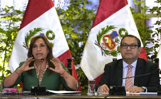 President Dina Boluarte and Prime Minister Alberto Otarola during a news conference at the government palace in Lima on January 5. While serving as Deputy Defence Minister in a previous administration, Otarola worked closely with the US to refurbish the image of the Peruvian military. President Dina Boluarte and Prime Minister Alberto Otarola during a news conference at the government palace in Lima on January 5. While serving as Deputy Defence Minister in a previous administration, Otarola worked closely with the US to refurbish the image of the Peruvian military.