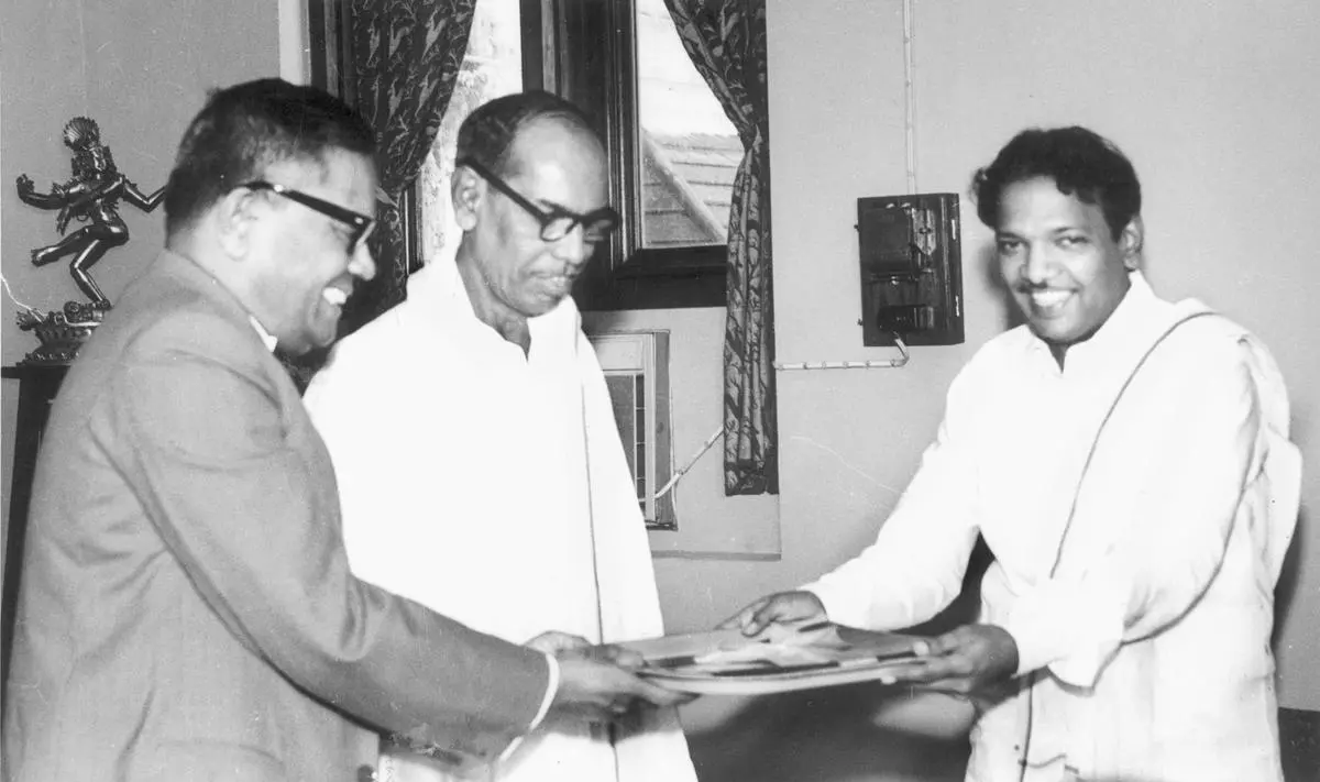 June 1970: A.N. Sattanathan handing over the report of the First Tamil Nadu Backward Classes Commission to Chief Minister M. Karunanidhi. 