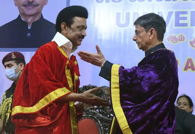 Tamil Nadu Governor R.N. Ravi and Chief Minister M.K. Stalin at the 164th convocation of Madras University. Tamil Nadu Governor R.N. Ravi and Chief Minister M.K. Stalin at the 164th convocation of Madras University.